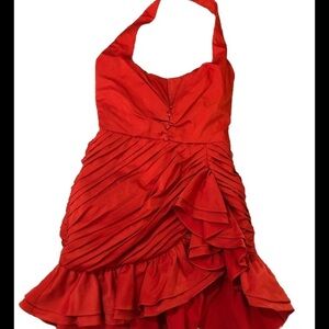 ASOS Red Dress Ruched Mini Halter SZ 4 Party Cocktail Tiered Ruffles V-Neck